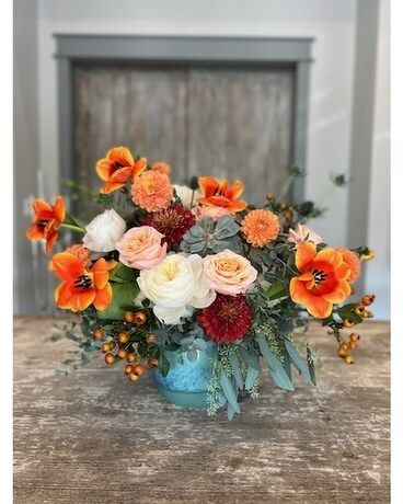 Teal Ceramic Container Design Flower Arrangement