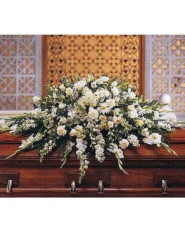 Deluxe Pure White Casket Spray - by Lary's Florist Flower Arrangement