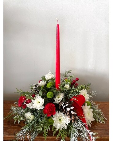 Traditional Christmas Centerpiece with Candle Flower Arrangement