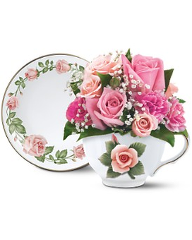 Pink Roses in  A Teacup Flower Arrangement