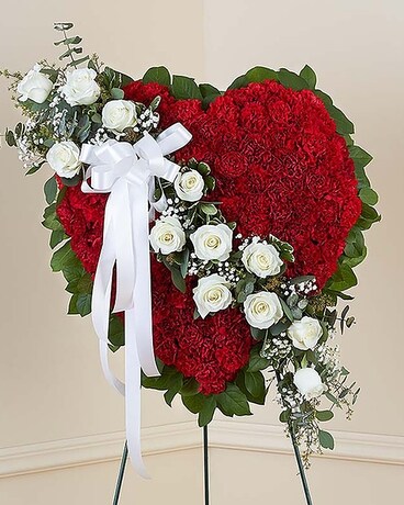Red Solid Standing Heart With White Roses Flower Arrangement