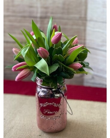 Pink Tulips Vintage Mason Jar Bouquet Flower Arrangement