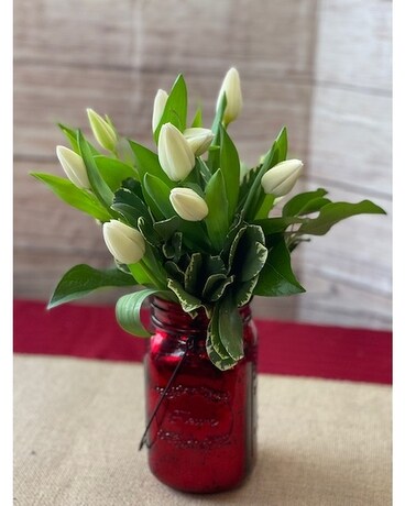 Red Tulips Vintage Mason Jar Flower Arrangement