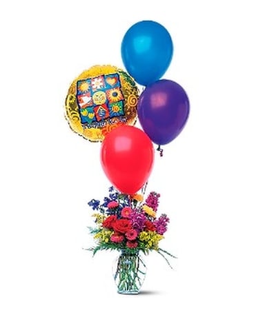 Balloons and a Boost Flower Arrangement