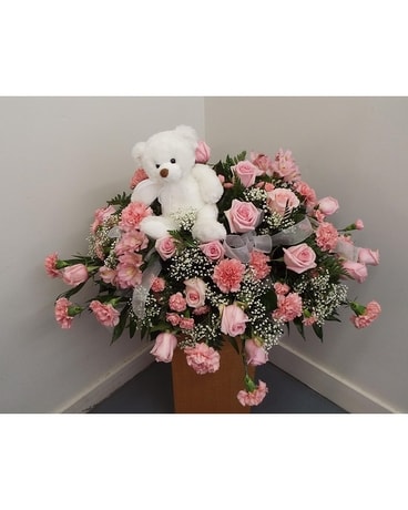 Pink Casket with Bear Funeral Casket Spray Flowers