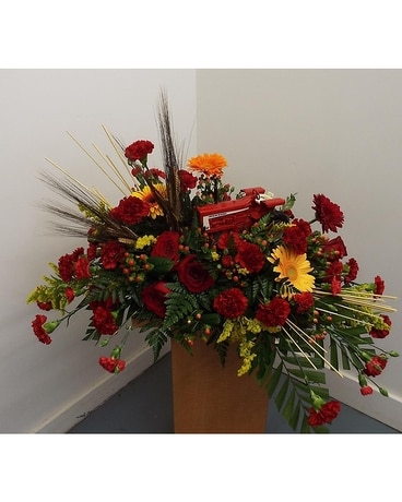 Red and Yellow Casket with Tractor Funeral Casket Spray Flowers