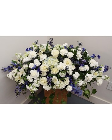 White & Blue Casket Funeral Casket Spray Flowers