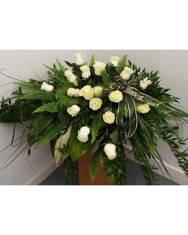 Whites with Foliage Casket Funeral Casket Spray Flowers