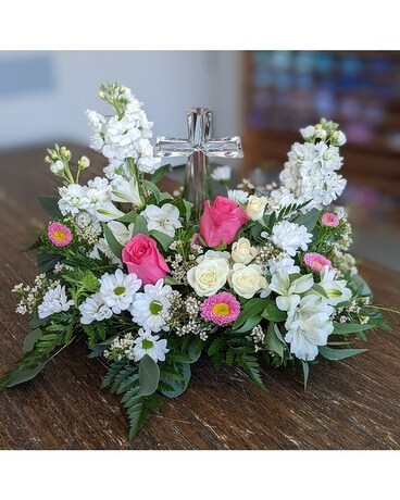 Pink & White with Cross Funeral Arrangement