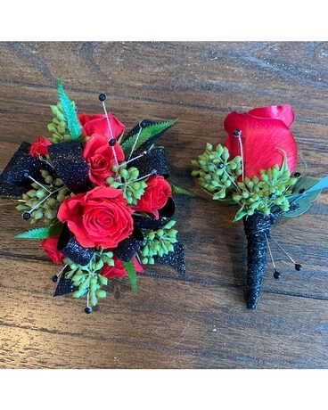 Red, black Corsage