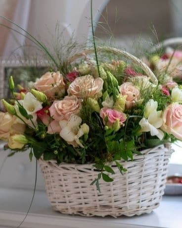Soft Pastel Basket Flower Arrangement