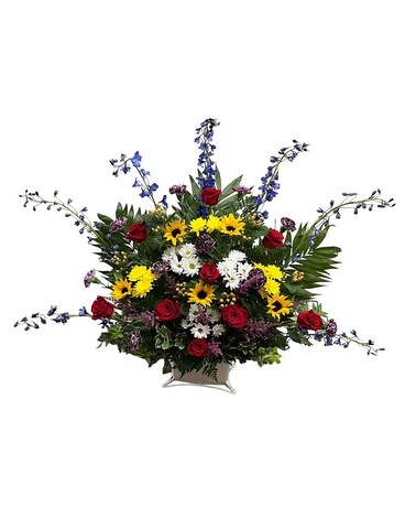 A Bright Remembrance Funeral Basket Flower Arrangement