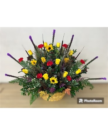 Outdoorsy Funeral Basket Flower Arrangement