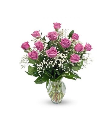 Dozen Purple/Lavender Roses in Vase Flower Arrangement