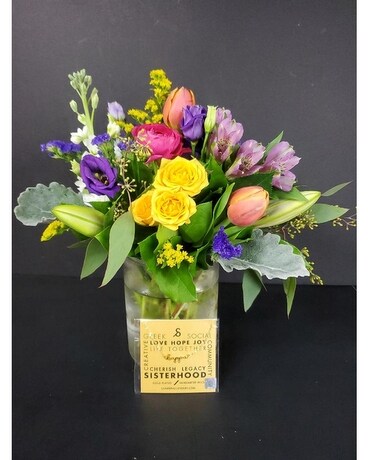 Sisterhood Bouquet with Greek Script Necklace Flower Arrangement