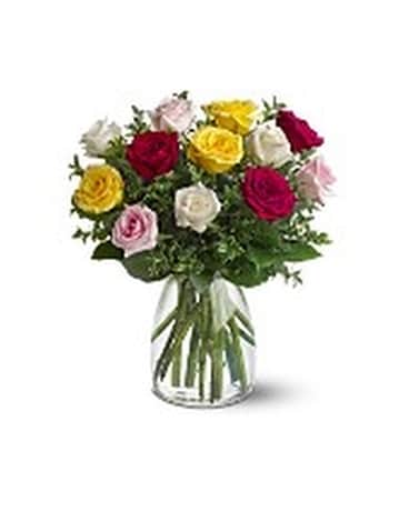 A Dozen Mixed Roses Flower Arrangement