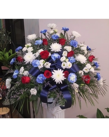 Red White and Blue Funeral Basket Flower Arrangement