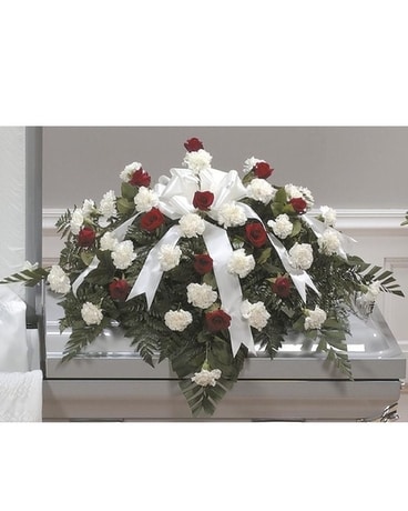 Red Rose and White Carnations Casket Spray Funeral Casket Spray Flowers