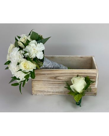 All White Rose & Carnation Wedding Package Flower Arrangement