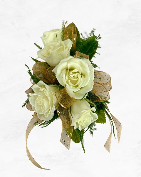 Sweetheart Rose Corsage with #G12 Gold Ribbon Sweetheart Rose Corsage with #G12 Gold Ribbon