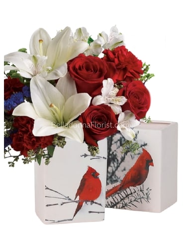 Cardinal Planter with Fresh Flowers Flower Arrangement
