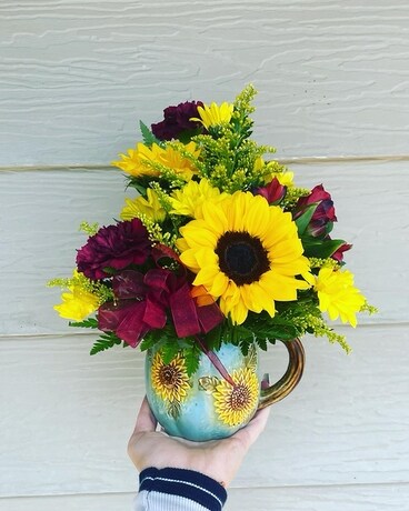 Sunny Pumpkin Mug Flower Arrangement