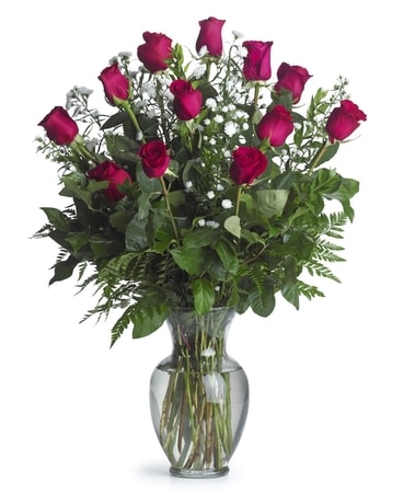 One Dozen Long Stemmed Hot Pink Roses Flower Arrangement