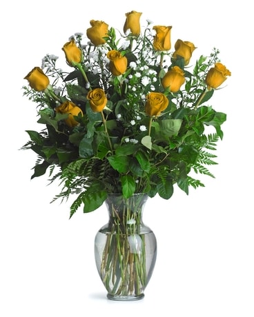 One Dozen Long Stem Yellow Roses Flower Arrangement
