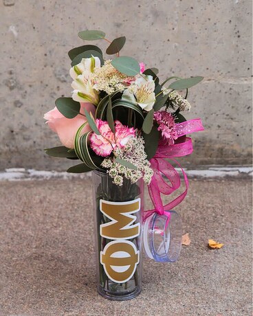 Phi Mu Tumbler Flower Arrangement
