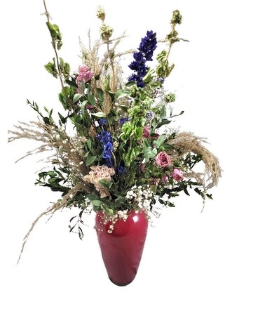 cranberry vase full of dried flowers Dried Flowers