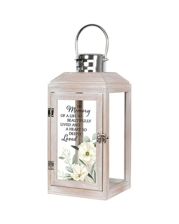 in memory lantern with cream flowers#57338 Gifts