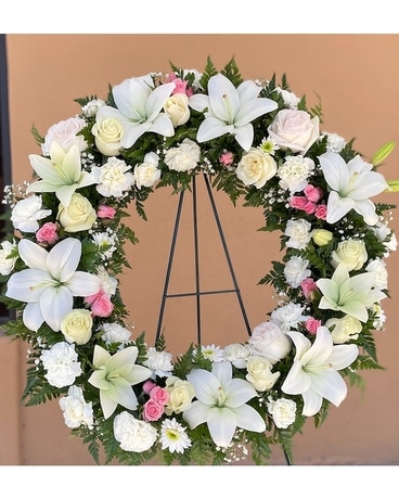 Pink & White Wreath Sympathy Arrangement