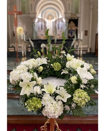 White Urn Tribute Sympathy Arrangement
