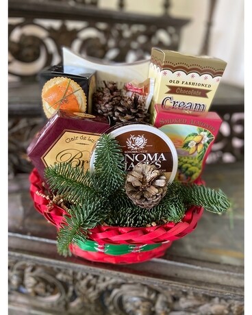 December Delights & Fresh Pine Basket Flower Arrangement