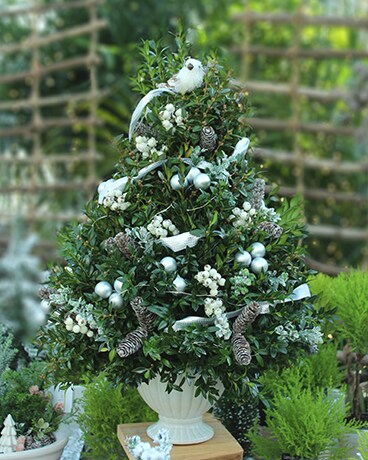 Tabletop Boxwood Tree with Silver Décor Flower Arrangement