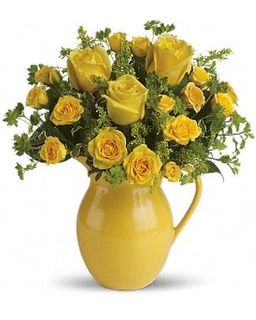Sunny Day Pitcher Of Roses Flower Arrangement