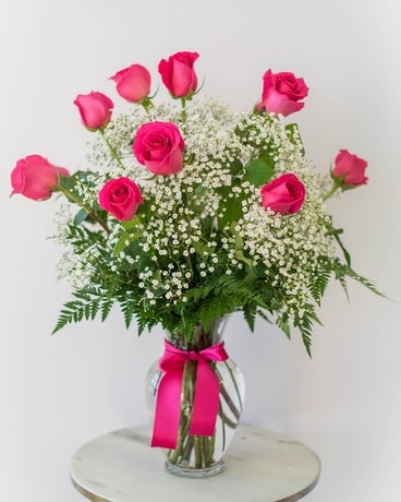 Hot Pink Dozen Roses Flower Arrangement