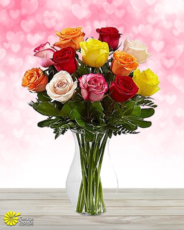 12 Mixed Valentine Roses Flower Arrangement