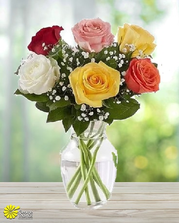 6 Mixed Roses Bouquet Flower Arrangement