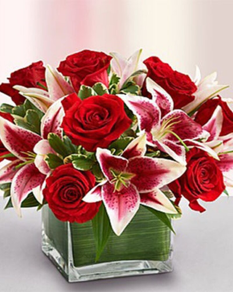 Red Rose and Lily Cube in Indianapolis IN - George Thomas Florist