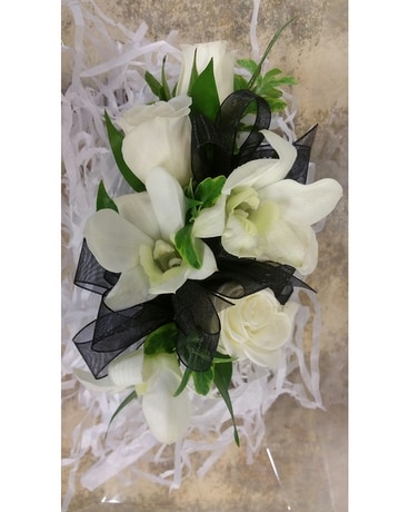 All White Spray Rose & Dendrobium Wrist Corsage Flower Arrangement