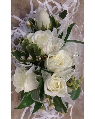 All White Spray Rose Wrist Corsage Flower Arrangement