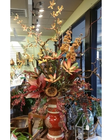 Fall Silk in Oriental Vase Flower Arrangement