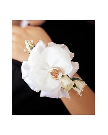 White Orchid and Roses Wristlet Flower Arrangement