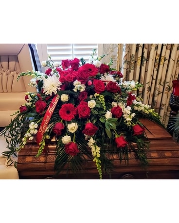 Red and White Comfort Funeral Casket Spray Flowers