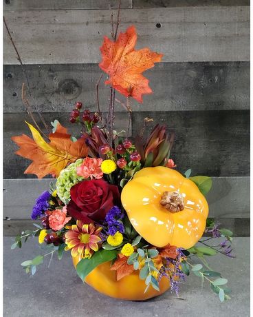 Falling Leaves Pumpkin Flower Arrangement