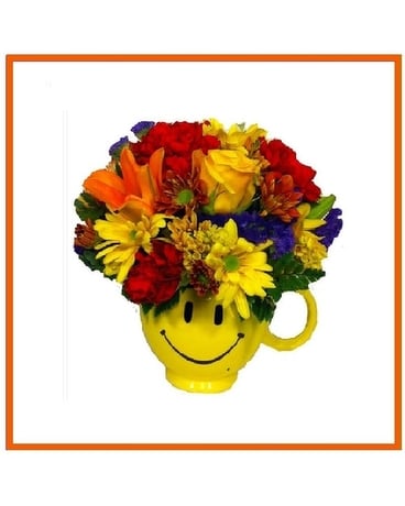 Christine's Smiley Face Mug Pickup Bqt Flower Arrangement