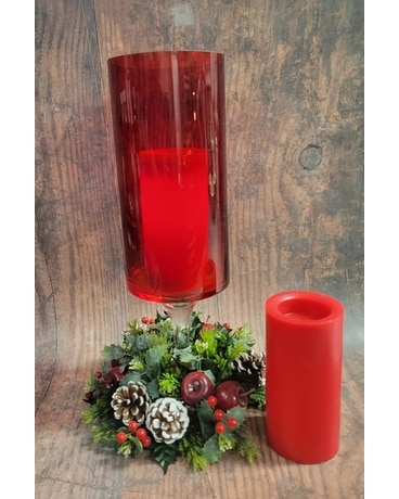 Christmas Keepsake Hurricane Candle Flower Arrangement