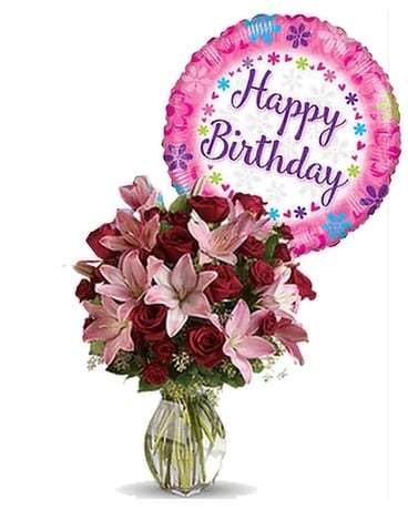 Roses and Lilies with Birthday Mylar Custom product