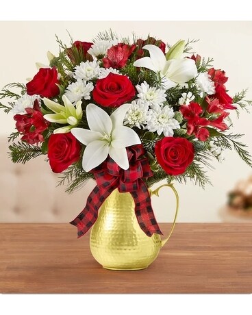 Country Christmas in Gold Pitcher Flower Arrangement